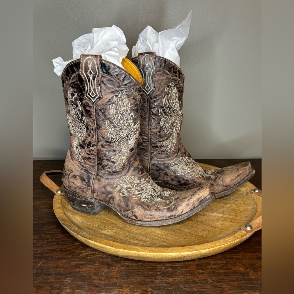 Old Gringo Brown Heeled Boots with Cream Embroidery 8.5 Butterfly - Picture 3 of 9